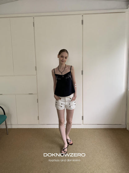 DKZ OFFICIAL Deep Blue Beaded Embroidered V-neck Short Straight Women&
