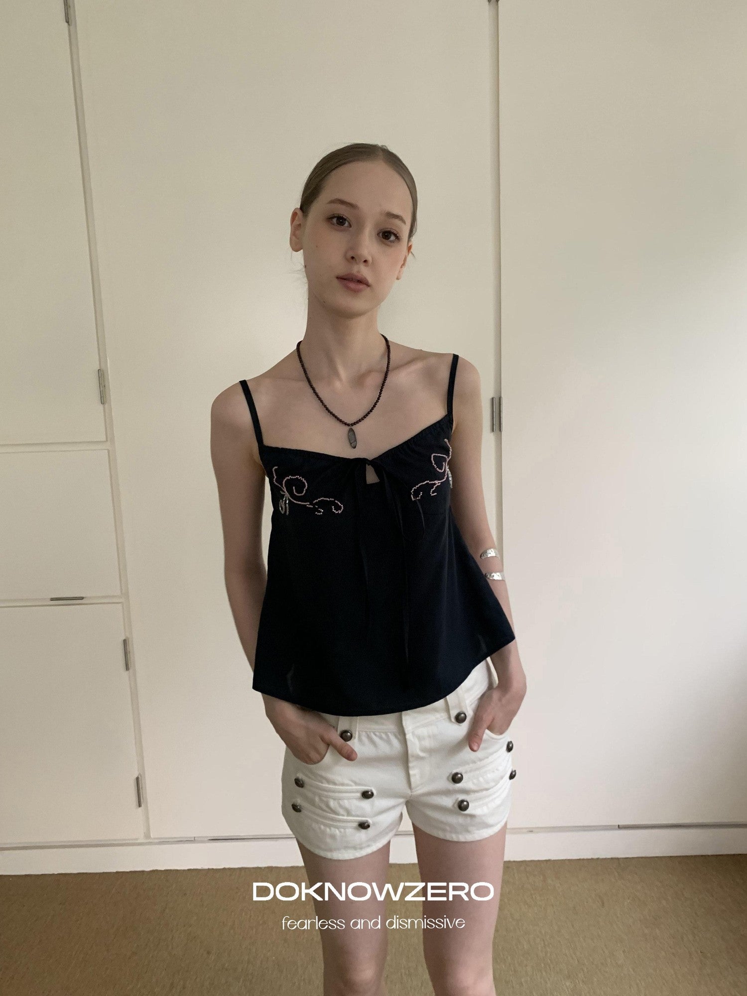 DKZ OFFICIAL Deep Blue Beaded Embroidered V-neck Short Straight Women&