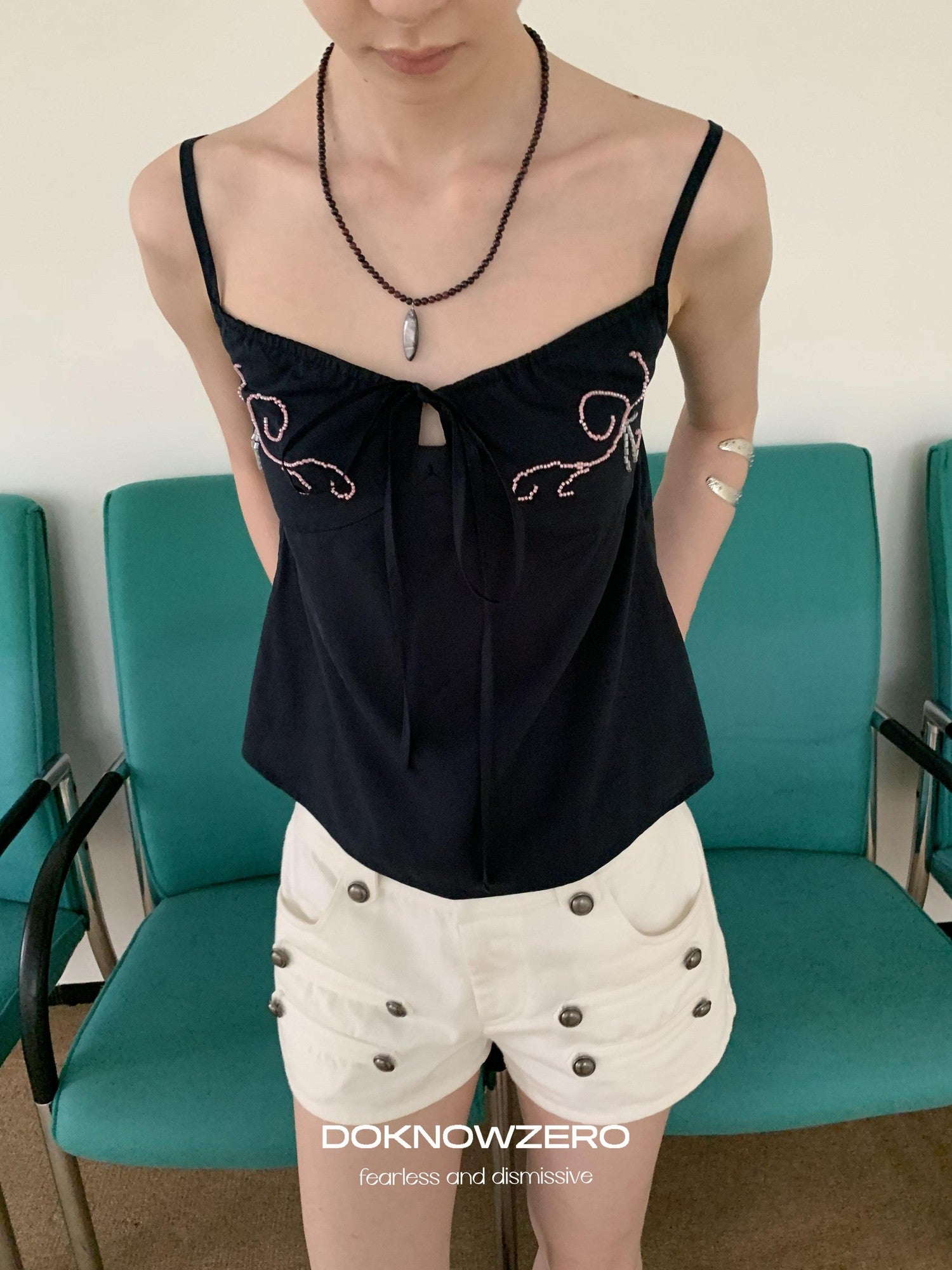 DKZ OFFICIAL Deep Blue Beaded Embroidered V-neck Short Straight Women&