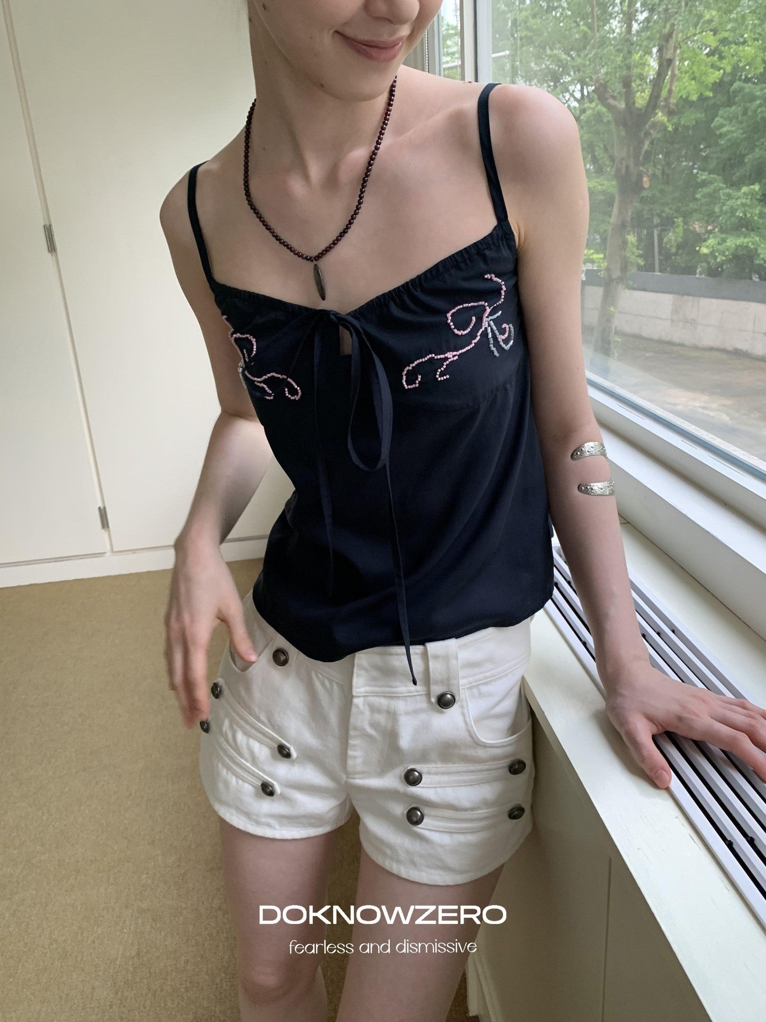 DKZ OFFICIAL Deep Blue Beaded Embroidered V-neck Short Straight Women&