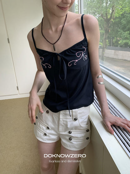 DKZ OFFICIAL Deep Blue Beaded Embroidered V-neck Short Straight Women&