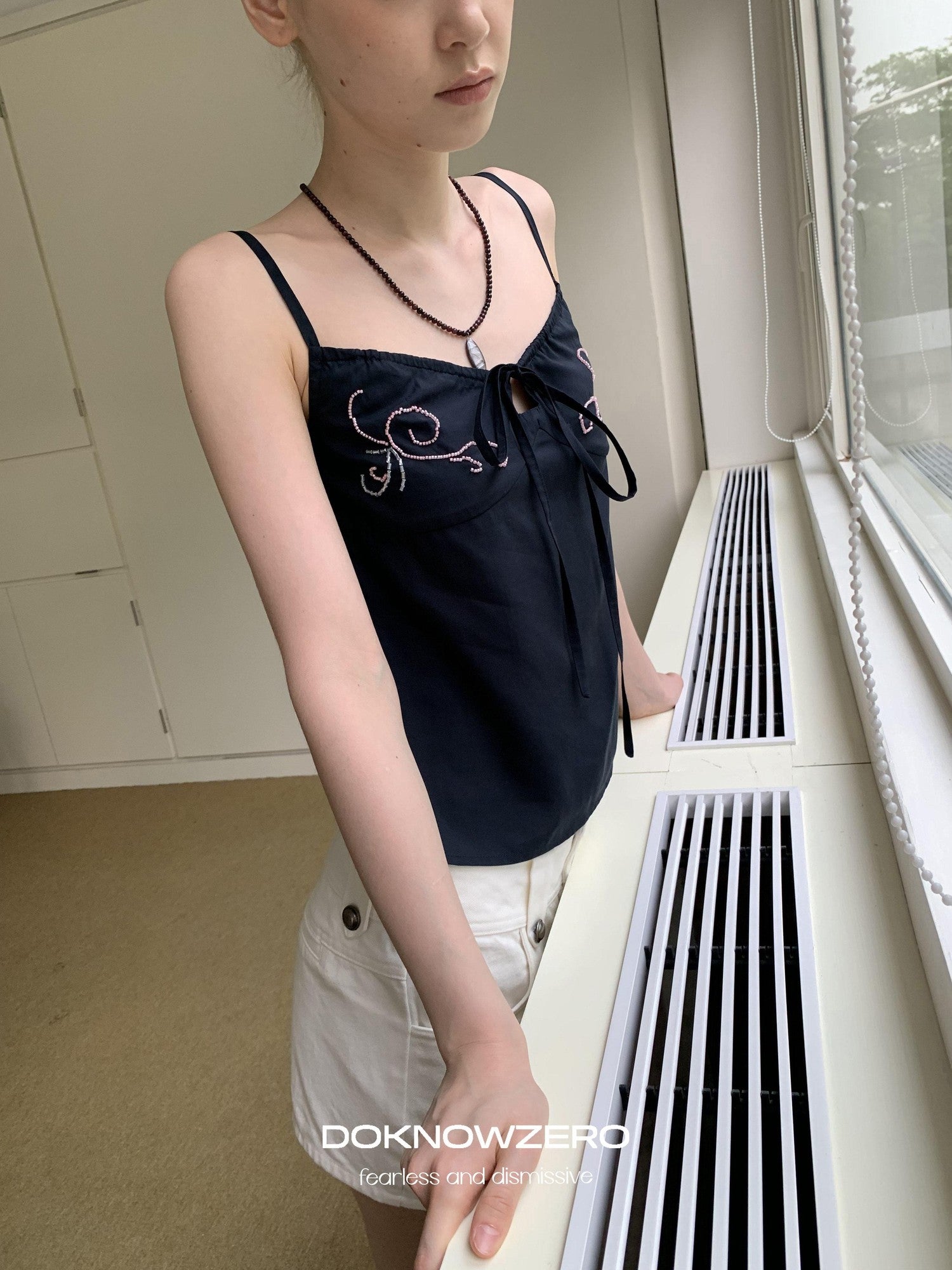 DKZ OFFICIAL Deep Blue Beaded Embroidered V-neck Short Straight Women&