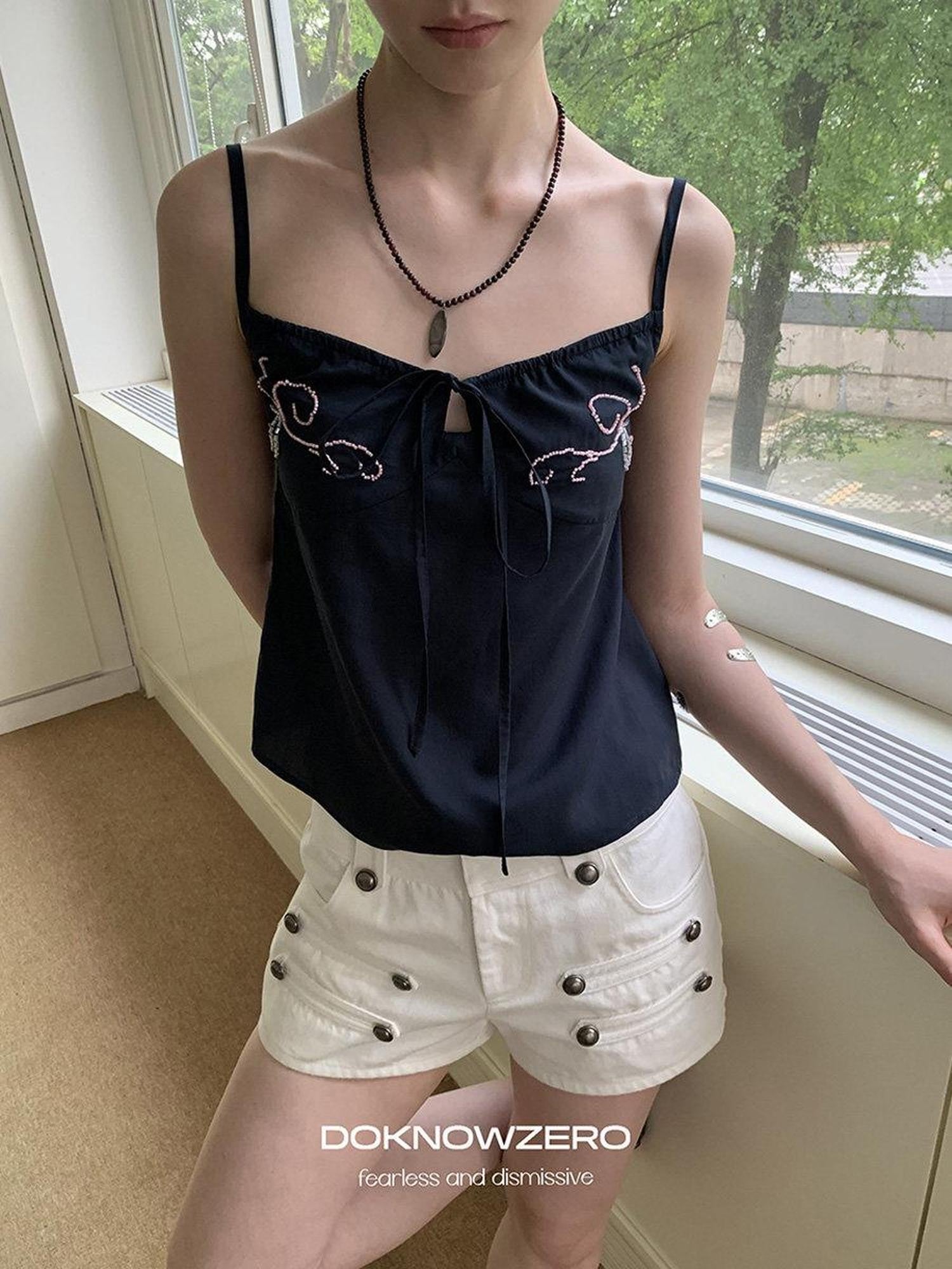 DKZ OFFICIAL Deep Blue Beaded Embroidered V-neck Short Straight Women&