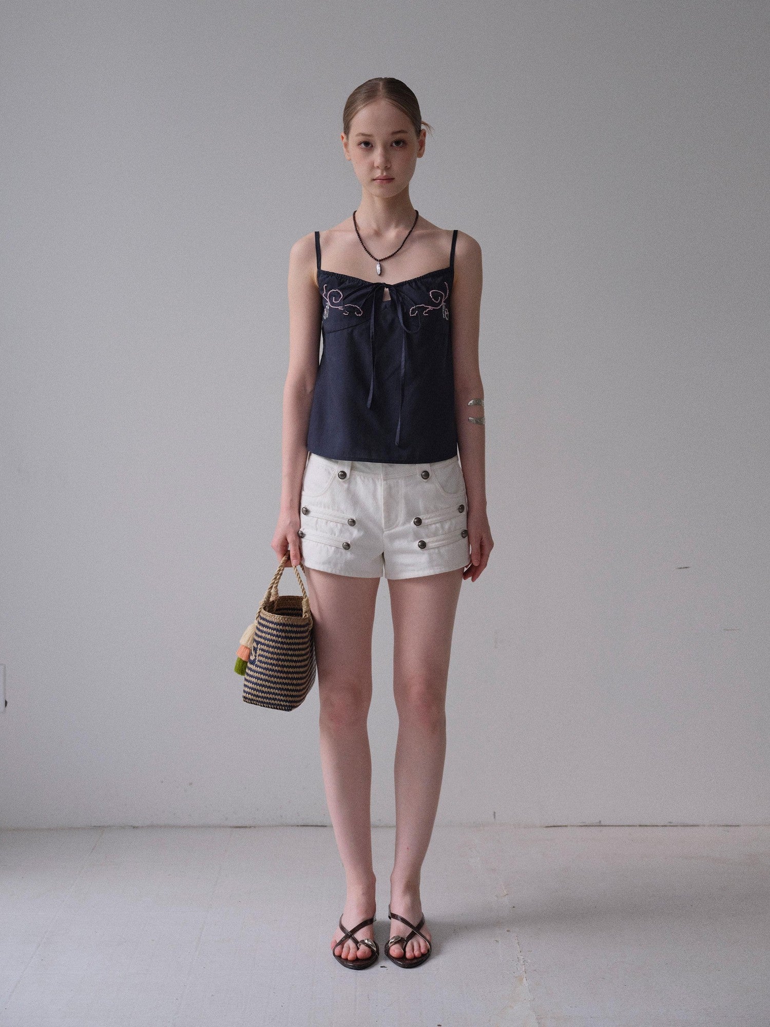 DKZ OFFICIAL Deep Blue Beaded Embroidered V-neck Short Straight Women&