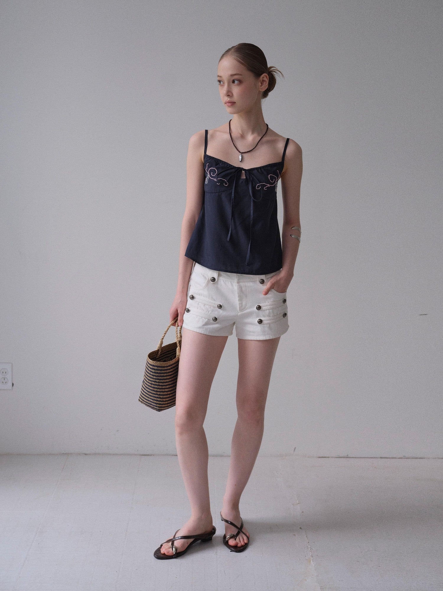DKZ OFFICIAL Deep Blue Beaded Embroidered V-neck Short Straight Women&