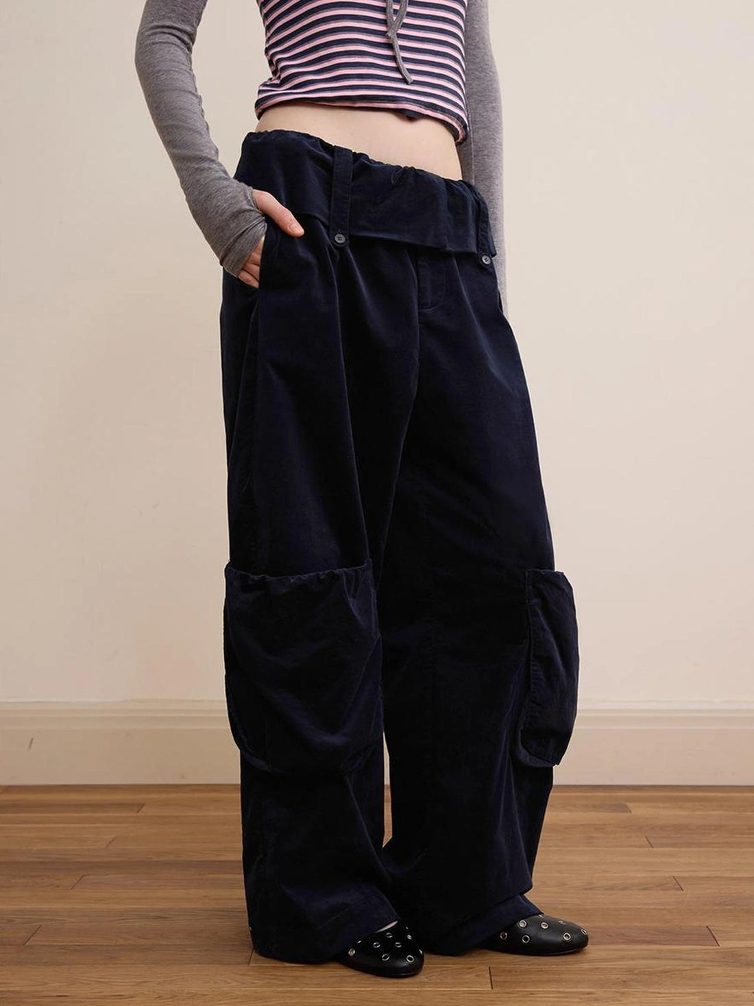 DKZ OFFICIAL Deep Blue Corduroy Wide Leg Work Pants For Women