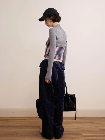 DKZ OFFICIAL Deep Blue Corduroy Wide Leg Work Pants For Women