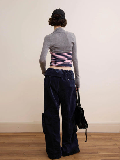 DKZ OFFICIAL Deep Blue Corduroy Wide Leg Work Pants For Women