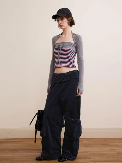 DKZ OFFICIAL Deep Blue Corduroy Wide Leg Work Pants For Women