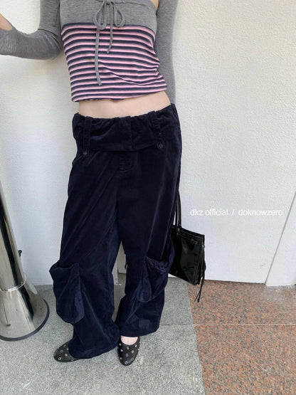 DKZ OFFICIAL Deep Blue Corduroy Wide Leg Work Pants For Women