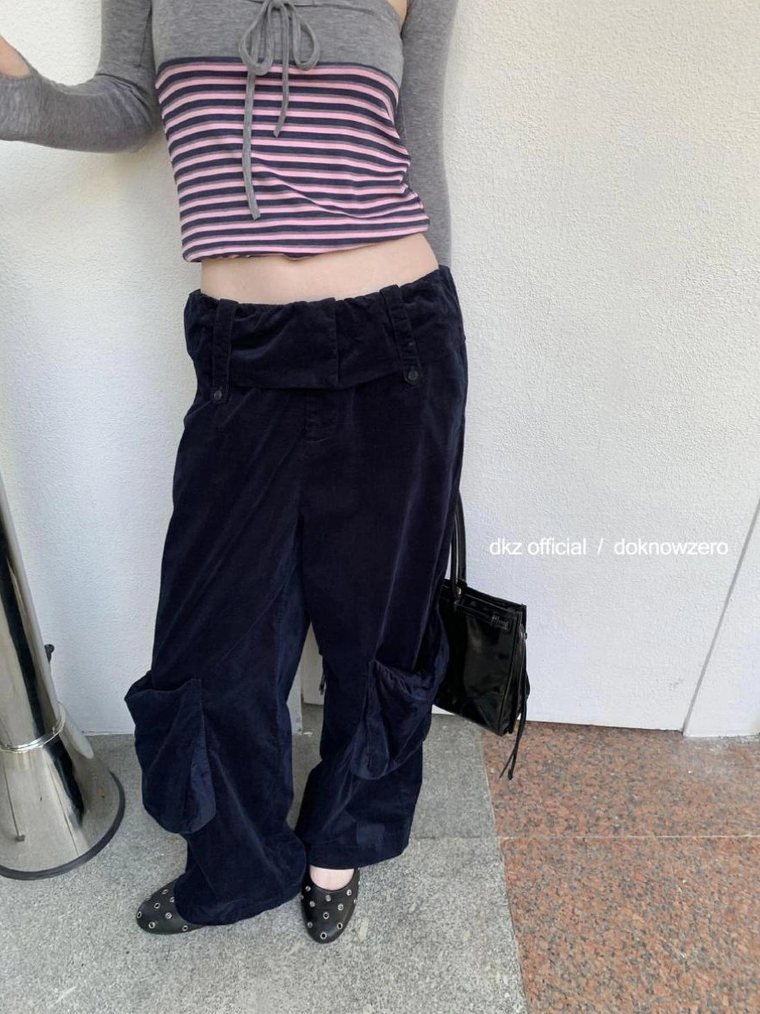 DKZ OFFICIAL Deep Blue Corduroy Wide Leg Work Pants For Women