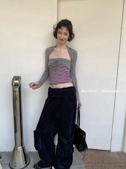 DKZ OFFICIAL Deep Blue Corduroy Wide Leg Work Pants For Women