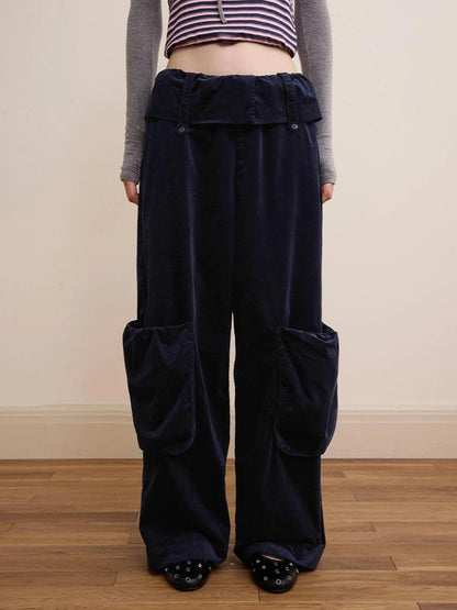 DKZ OFFICIAL Deep Blue Corduroy Wide Leg Work Pants For Women