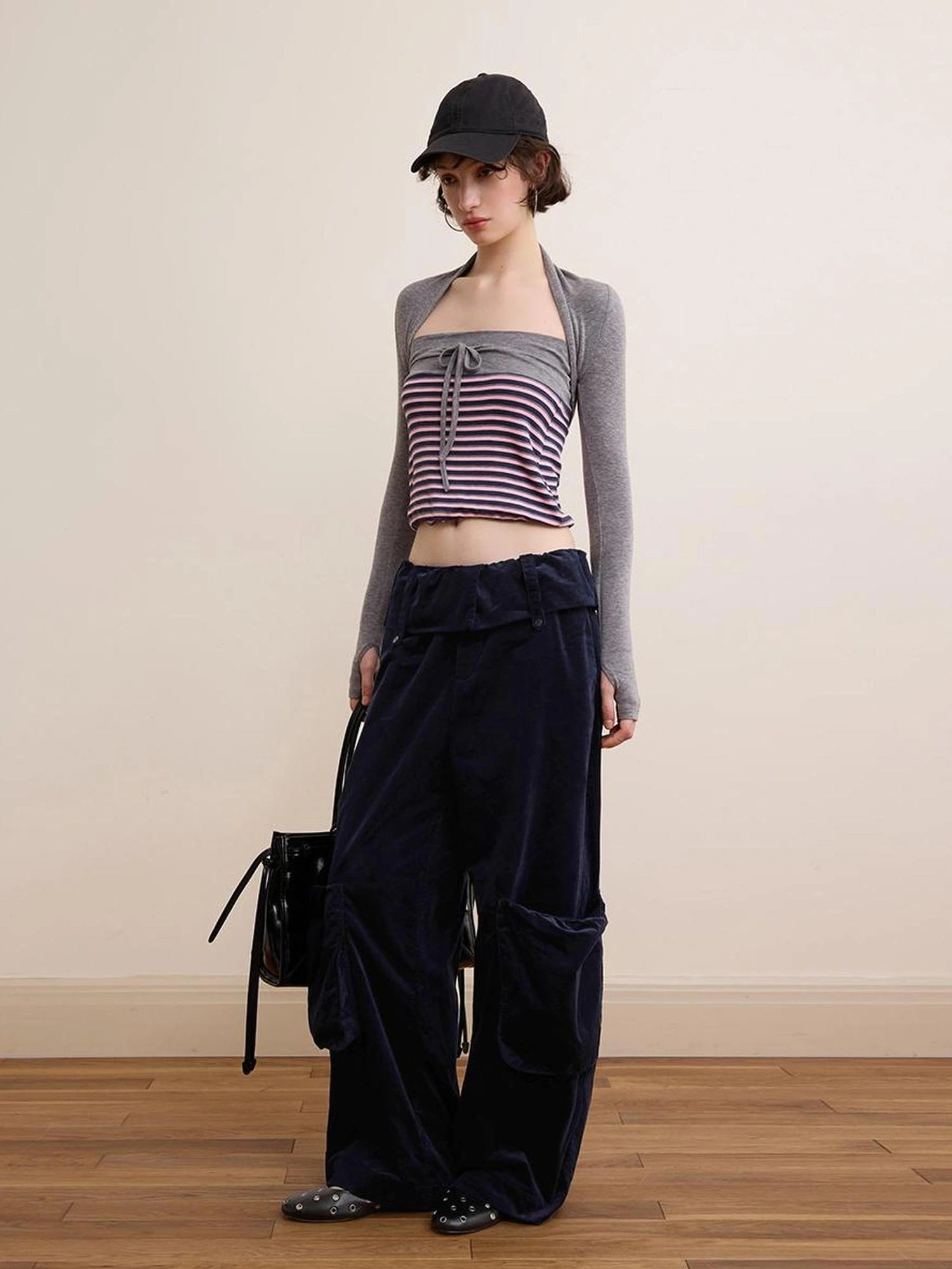 DKZ OFFICIAL Deep Blue Corduroy Wide Leg Work Pants For Women