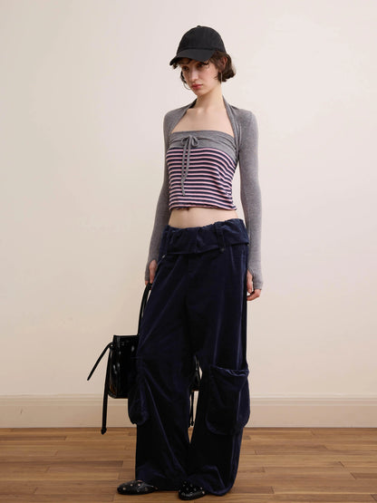DKZ OFFICIAL Deep Blue Corduroy Wide Leg Work Pants For Women