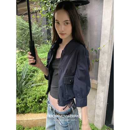 DKZ_OFFICIAL_Deep_Blue_Cropped_Turn_Collar_Washed_Drawstring_Hem_Women&