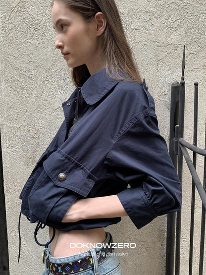 DKZ OFFICIAL Deep Blue Cropped Turn Collar Washed Drawstring Hem Women&