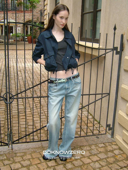 DKZ OFFICIAL Deep Blue Cropped Turn Collar Washed Drawstring Hem Women&