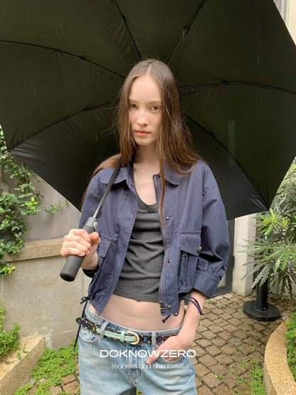 DKZ OFFICIAL Deep Blue Cropped Turn Collar Washed Drawstring Hem Women&