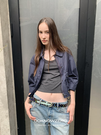 DKZ OFFICIAL Deep Blue Cropped Turn Collar Washed Drawstring Hem Women&