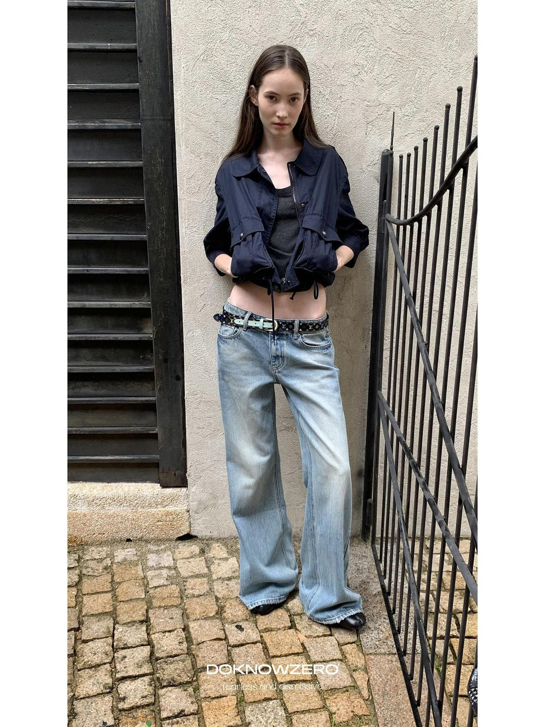 DKZ OFFICIAL Deep Blue Cropped Turn Collar Washed Drawstring Hem Women&