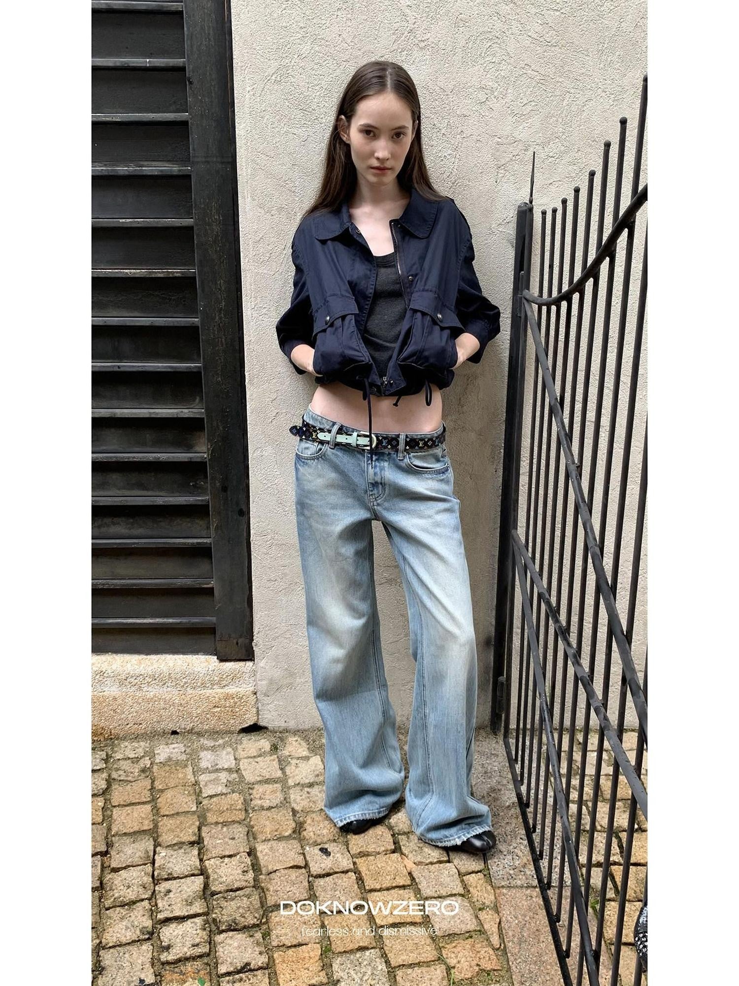 DKZ OFFICIAL Deep Blue Cropped Turn Collar Washed Drawstring Hem Women&
