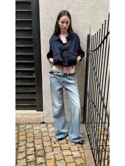 DKZ OFFICIAL Deep Blue Cropped Turn Collar Washed Drawstring Hem Women&