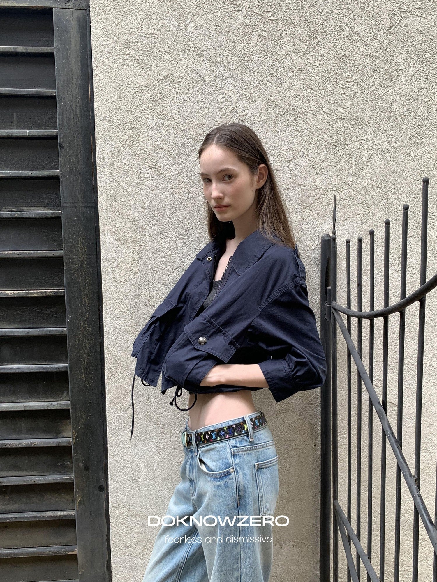 DKZ OFFICIAL Deep Blue Cropped Turn Collar Washed Drawstring Hem Women&