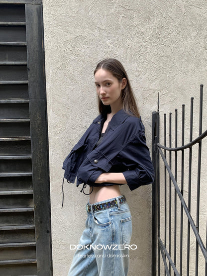 DKZ OFFICIAL Deep Blue Cropped Turn Collar Washed Drawstring Hem Women&