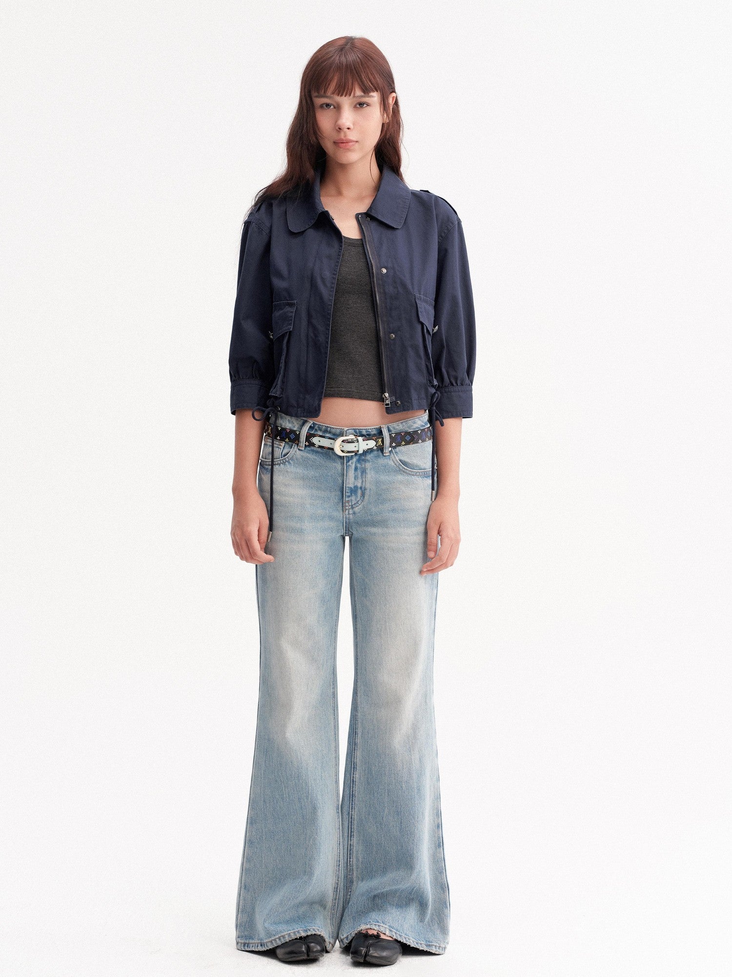 DKZ OFFICIAL Deep Blue Cropped Turn Collar Washed Drawstring Hem Women&