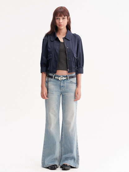 DKZ OFFICIAL Deep Blue Cropped Turn Collar Washed Drawstring Hem Women&
