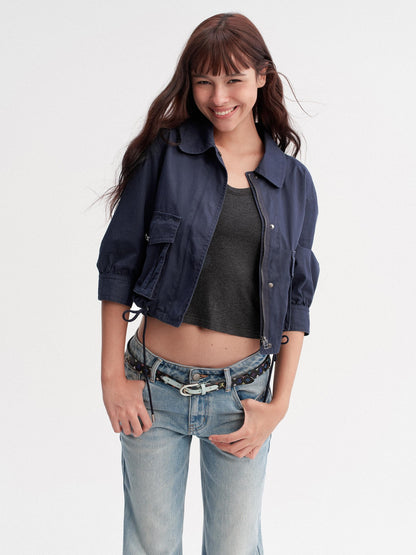 DKZ OFFICIAL Deep Blue Cropped Turn Collar Washed Drawstring Hem Women&
