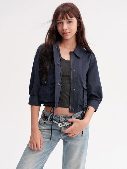DKZ OFFICIAL Deep Blue Cropped Turn Collar Washed Drawstring Hem Women&