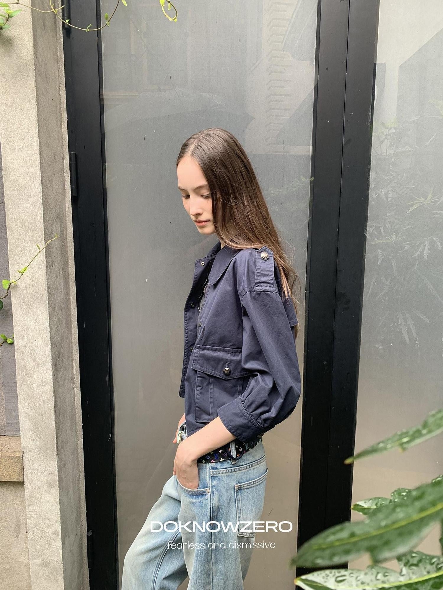 DKZ OFFICIAL Deep Blue Cropped Turn Collar Washed Drawstring Hem Women&