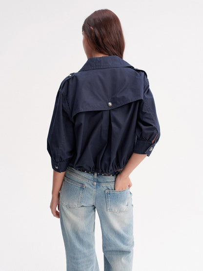 DKZ OFFICIAL Deep Blue Cropped Turn Collar Washed Drawstring Hem Women&