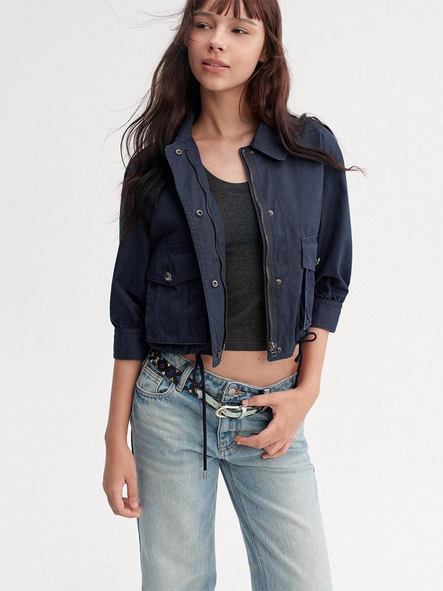 DKZ OFFICIAL Deep Blue Cropped Turn Collar Washed Drawstring Hem Women&