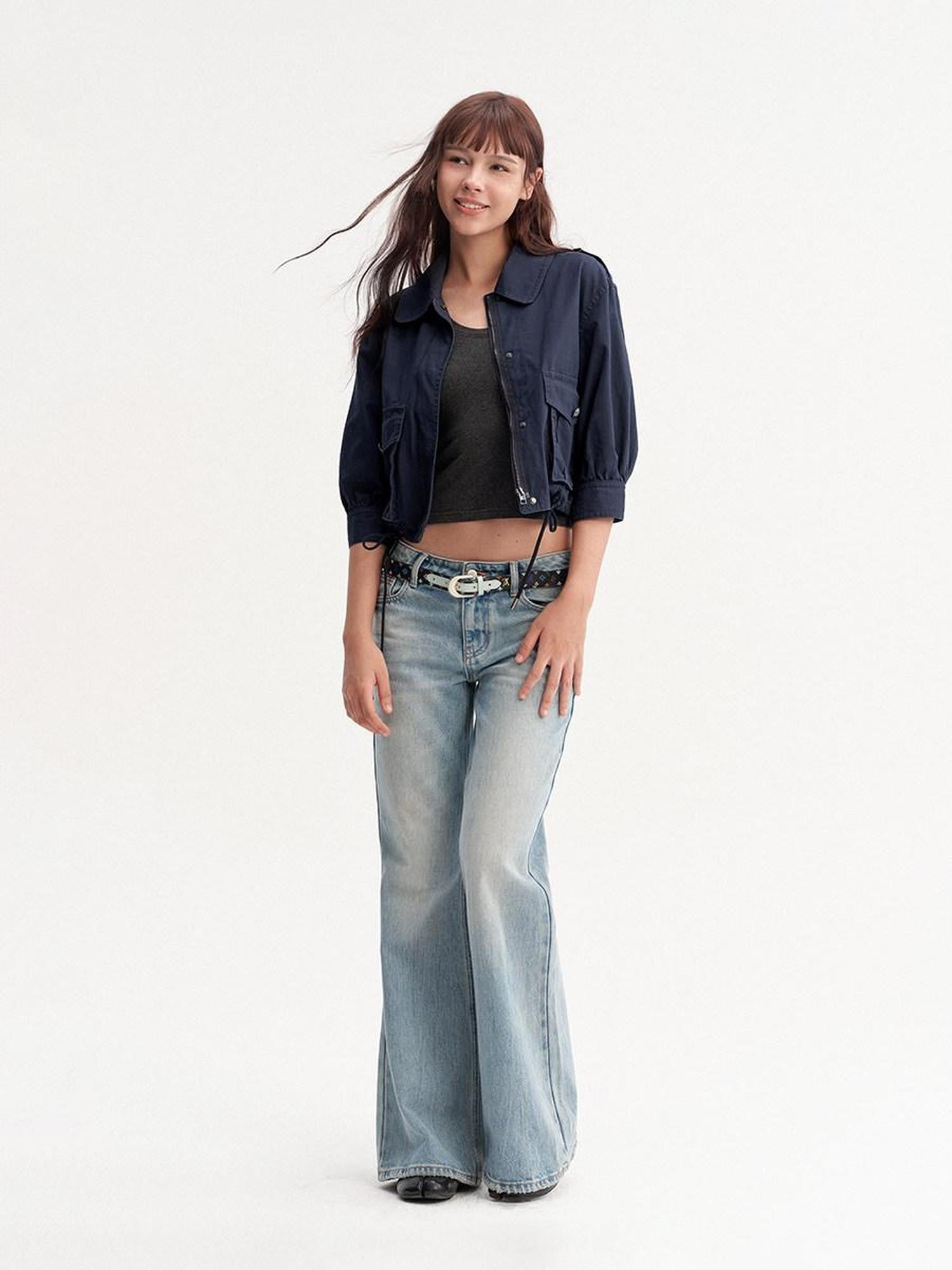 DKZ OFFICIAL Deep Blue Cropped Turn Collar Washed Drawstring Hem Women&
