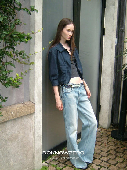 DKZ OFFICIAL Deep Blue Cropped Turn Collar Washed Drawstring Hem Women&