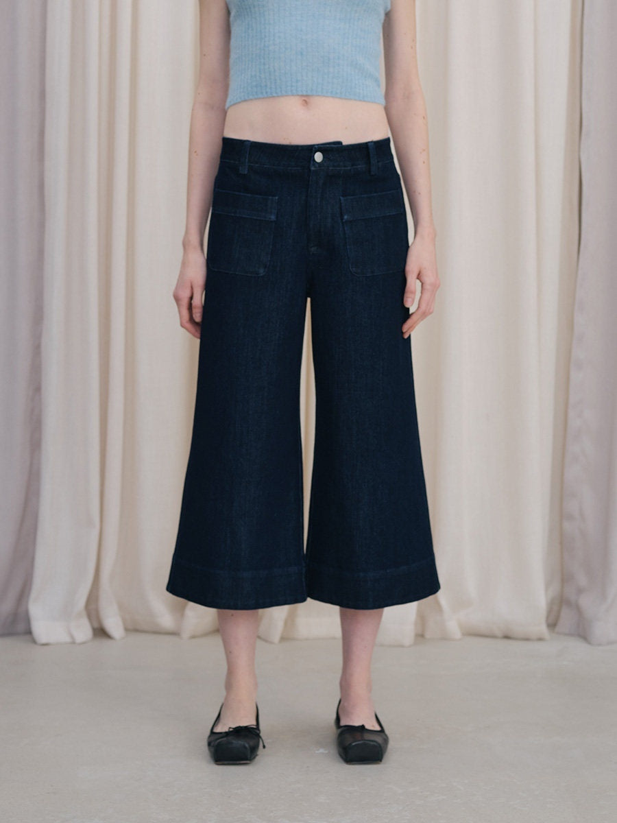 DKZ_OFFICIAL_Deep_Blue_Cropped_Vintage_Micro_Flare_Loose_Button_Pocket_Women&