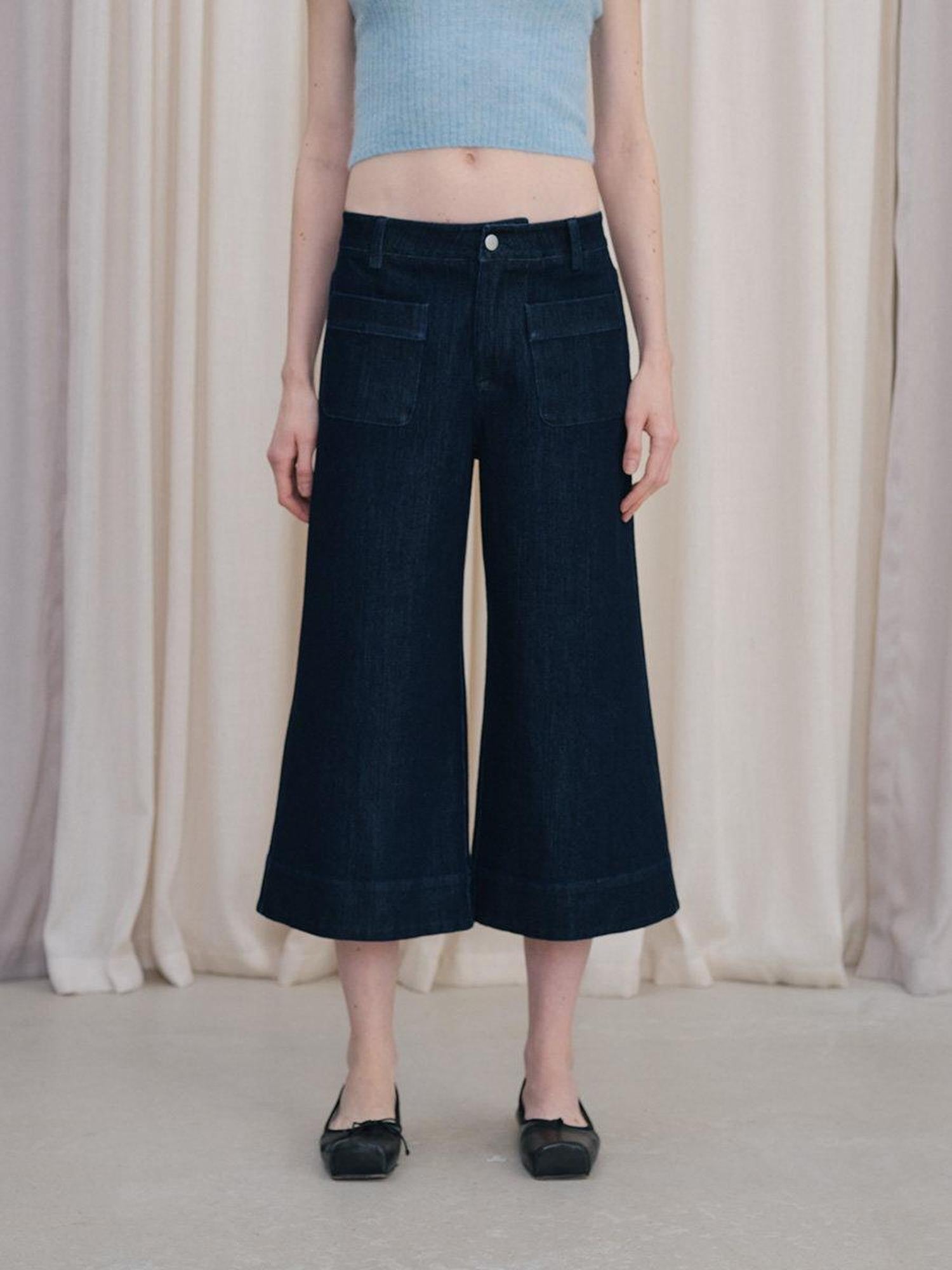 DKZ OFFICIAL Deep Blue Cropped Vintage Micro Flare Loose Button Pocket Women&