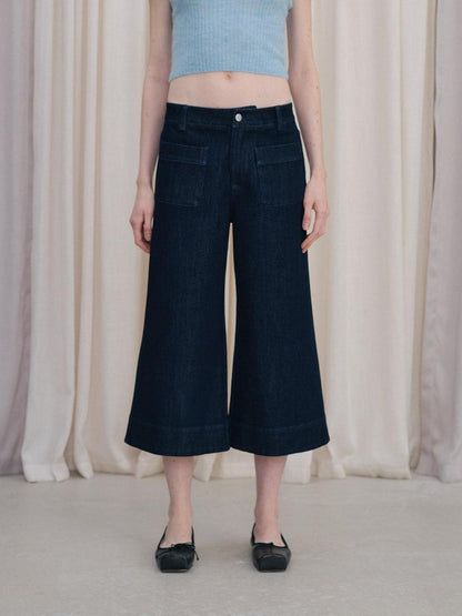 DKZ OFFICIAL Deep Blue Cropped Vintage Micro Flare Loose Button Pocket Women&