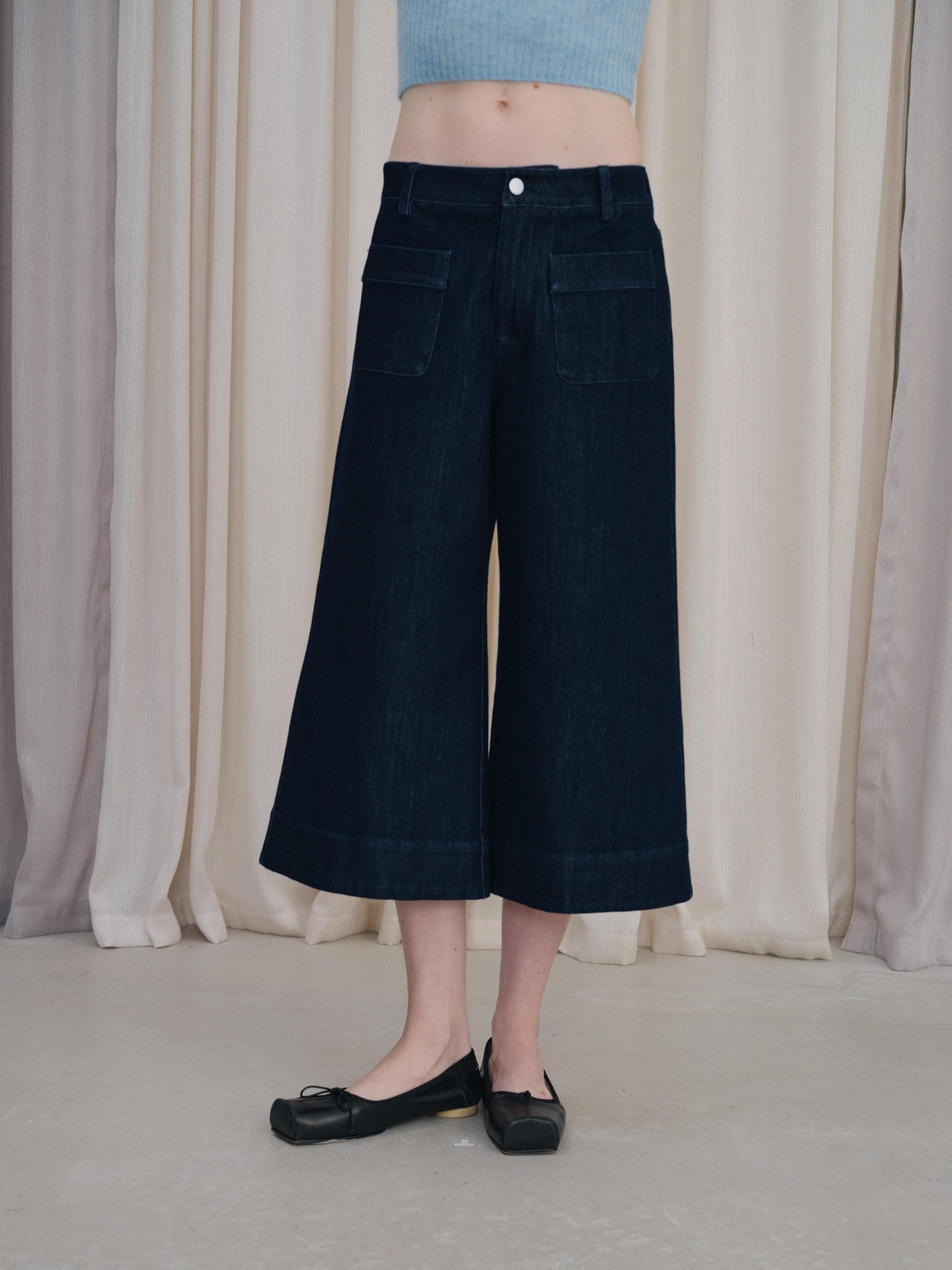 DKZ OFFICIAL Deep Blue Cropped Vintage Micro Flare Loose Button Pocket Women&