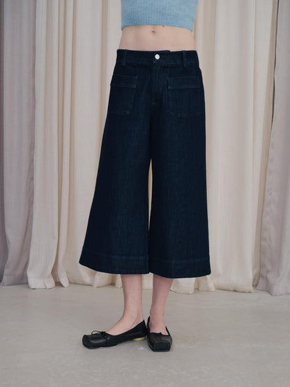 DKZ OFFICIAL Deep Blue Cropped Vintage Micro Flare Loose Button Pocket Women&