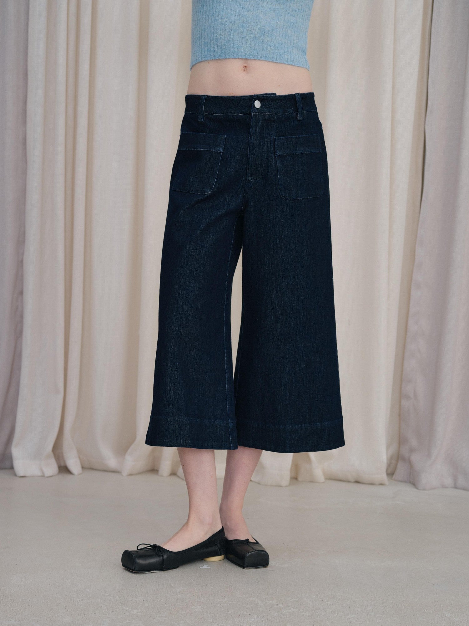 DKZ OFFICIAL Deep Blue Cropped Vintage Micro Flare Loose Button Pocket Women&