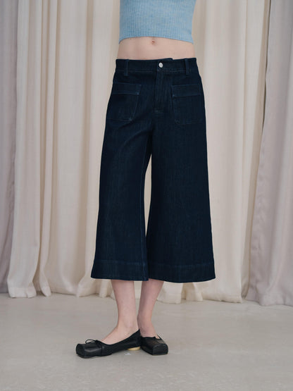 DKZ OFFICIAL Deep Blue Cropped Vintage Micro Flare Loose Button Pocket Women&