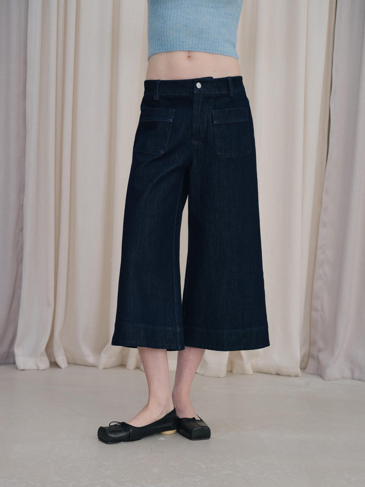 DKZ OFFICIAL Deep Blue Cropped Vintage Micro Flare Loose Button Pocket Women&