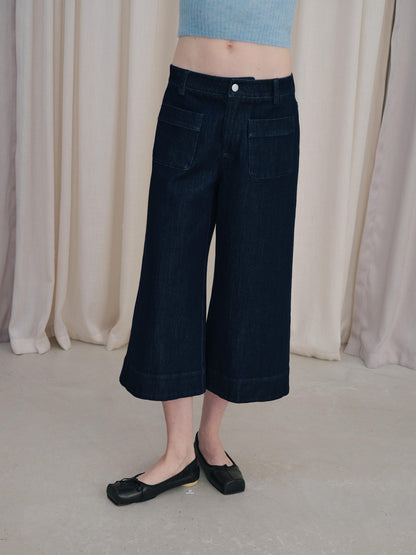 DKZ OFFICIAL Deep Blue Cropped Vintage Micro Flare Loose Button Pocket Women&