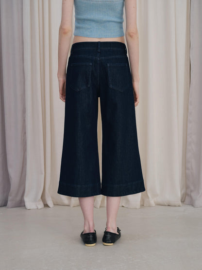 DKZ OFFICIAL Deep Blue Cropped Vintage Micro Flare Loose Button Pocket Women&