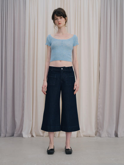 DKZ OFFICIAL Deep Blue Cropped Vintage Micro Flare Loose Button Pocket Women&