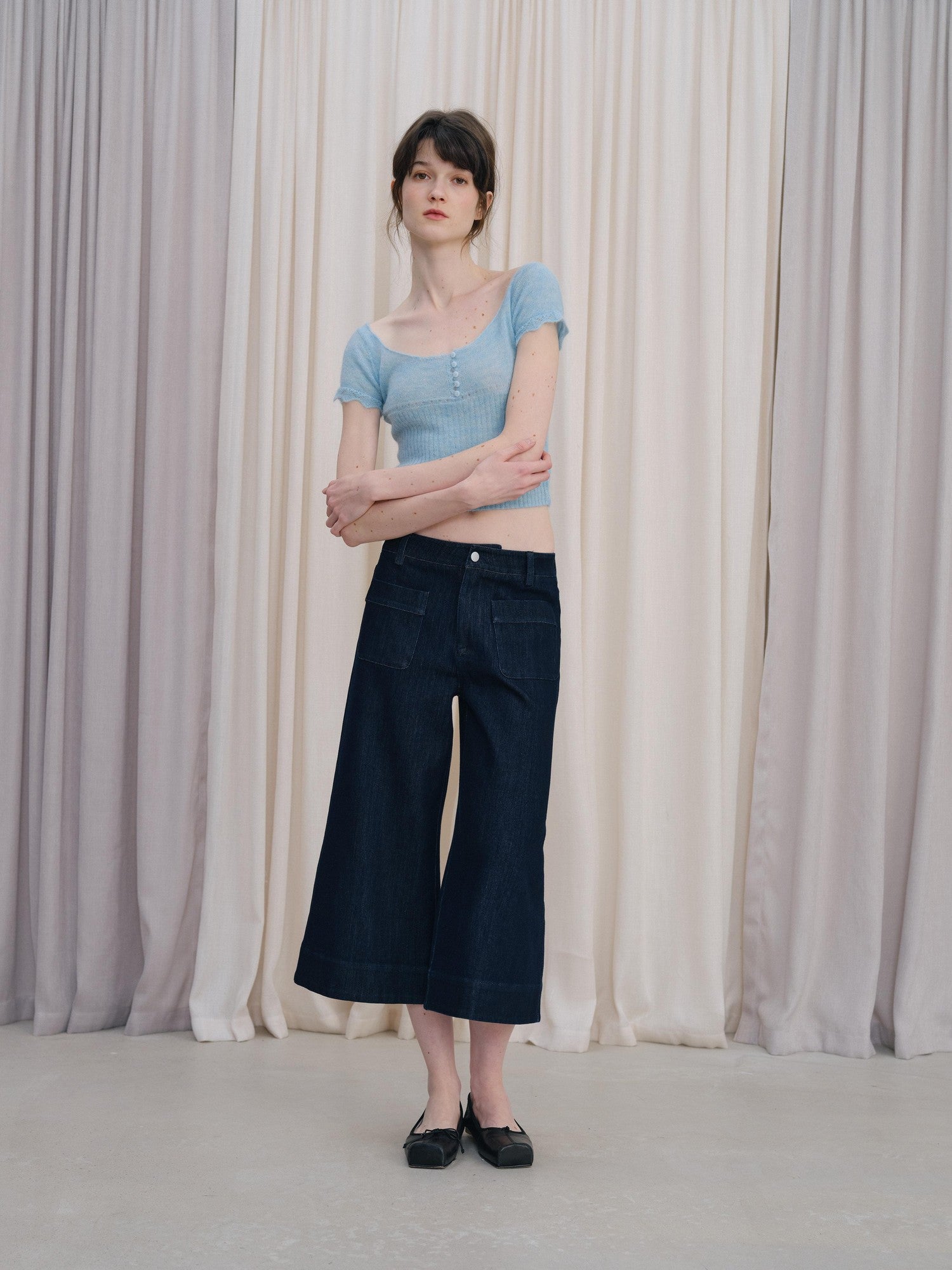 DKZ OFFICIAL Deep Blue Cropped Vintage Micro Flare Loose Button Pocket Women&